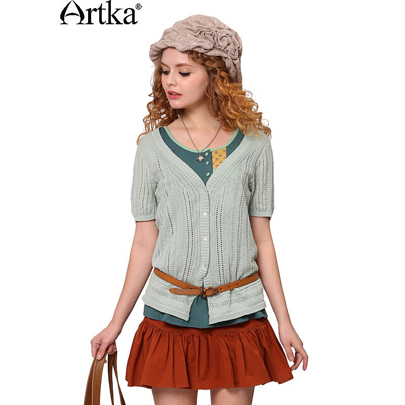 artka阿卡瓷绿百搭镂空绞花秋装新款棉麻短袖针织开衫外套 青瓷绿 均