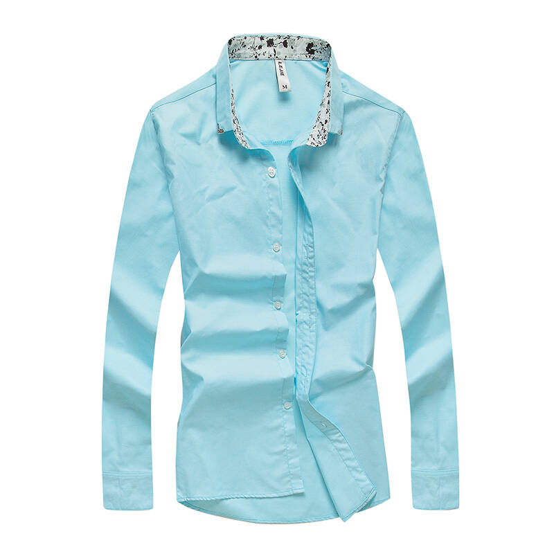 都市英伦时尚纯色打底长袖衬衫韩版休闲男士经典衬衣 青色 175