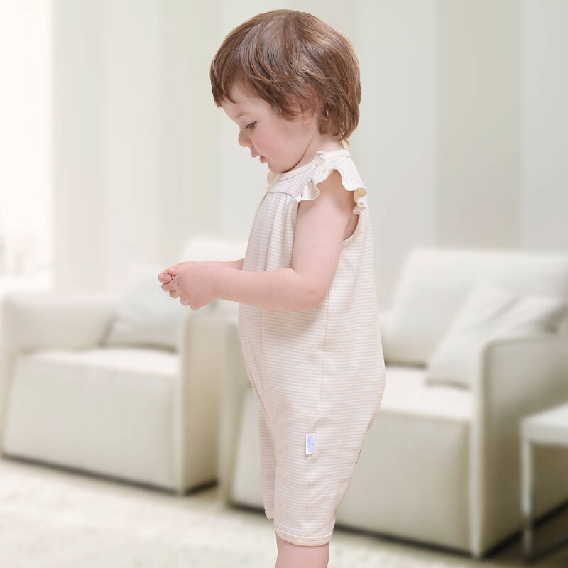 丽婴莱 宝宝女婴哈衣/新生儿爬爬衣婴儿连体衣有机棉内衣 米绿条 s码