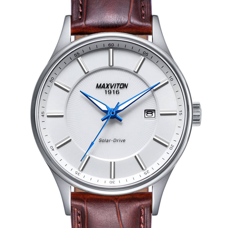 玛斯威顿(maxviton)瑞士光动能男士手表防水 大刻度英伦风商务皮带男
