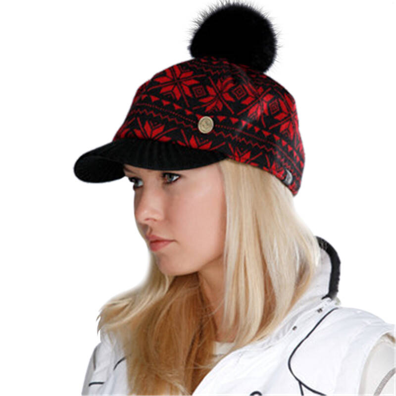 快乐狐狸雪花针织兔毛球有檐帽子633-1492 01酒红色