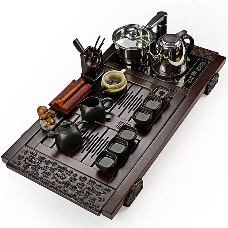 【京东自营】金镶玉 功夫茶具套装 黑檀万福紫砂套组 实木茶盘茶具