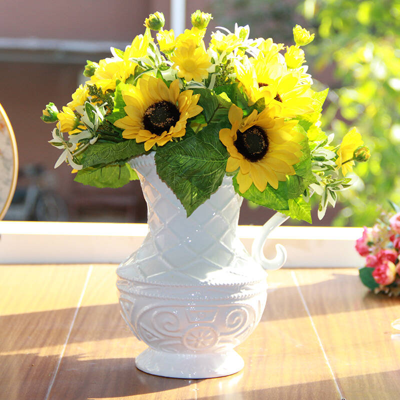 蒂拉欧式浮雕陶瓷花瓶花艺摆件套装 白色复古花器仿真花假花花艺 现代
