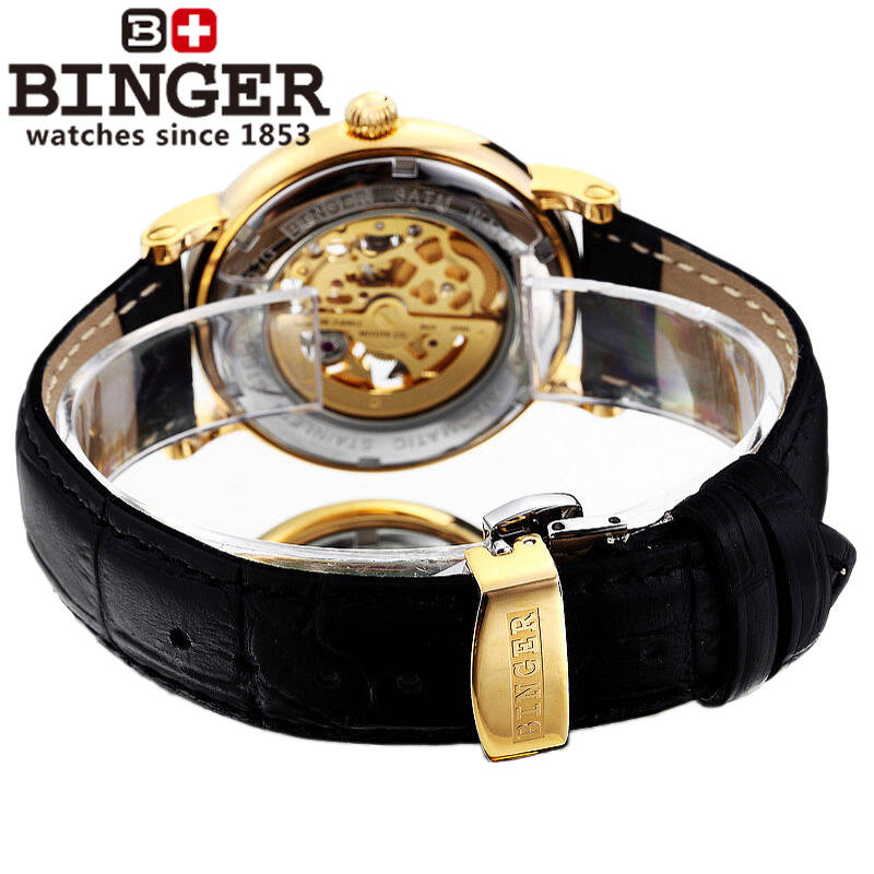 宾格(binger)手表男表男士新款全自动机械表双面镂空腕表 皮带间金