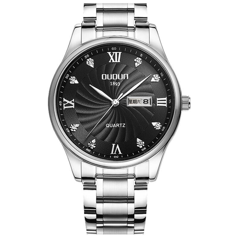 欧顿(oudun)手表 男士精钢双日历石英表水钻防水钢 银色黑盘双历款