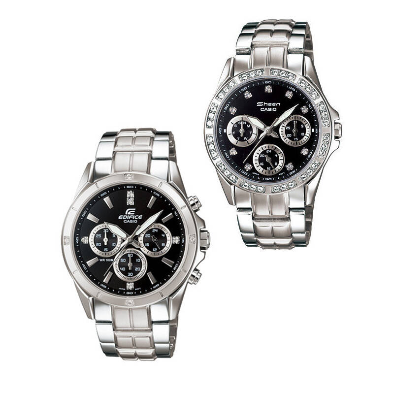 卡西欧(casio)手表时尚镶钻情侣对表ef-544d/shn-3013d 1a黑盘镶钻