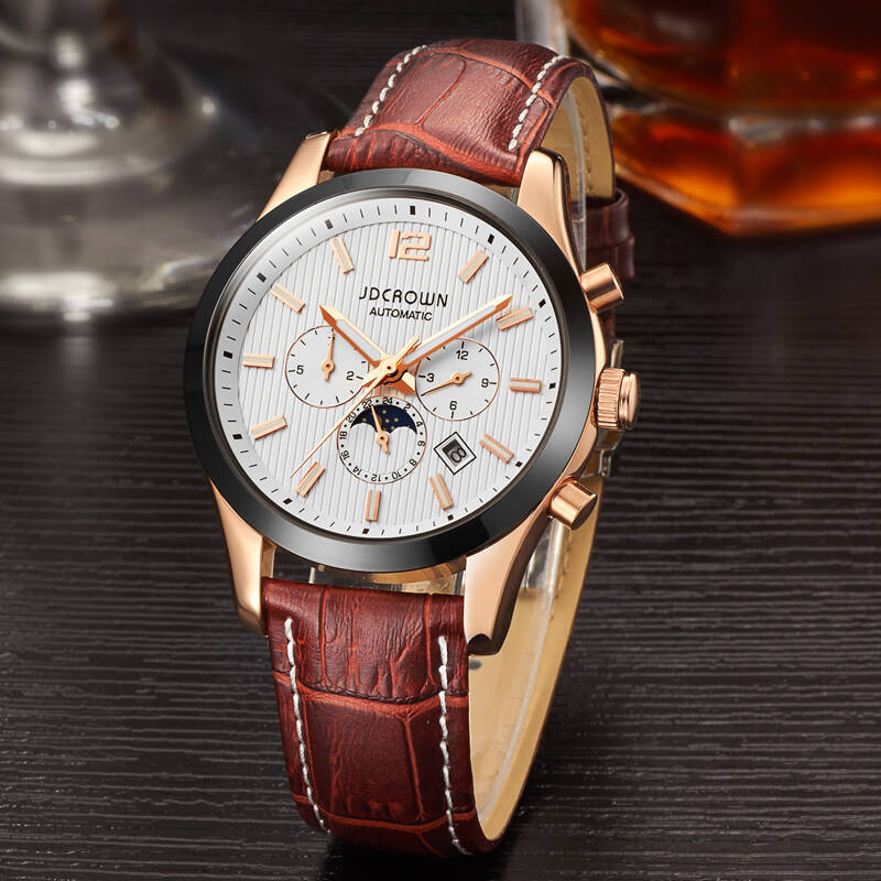 金准皇冠(jdcrown)手表运动多功能系列全自动机械表男士皮带腕表钢带