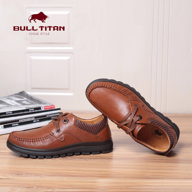 美国公牛巨人男士休闲皮鞋 套脚商务休闲鞋皮鞋懒人鞋 杏色系带 44