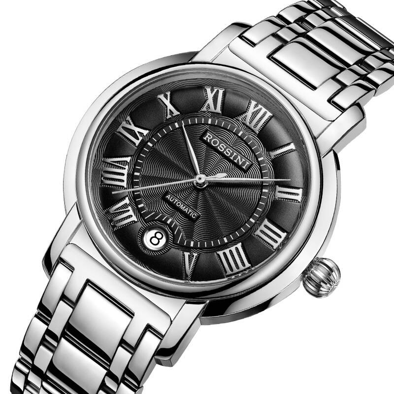 罗西尼(rossini)手表雅尊商务系列浑圆表壳罗马字钉日历黑色表盘钢带
