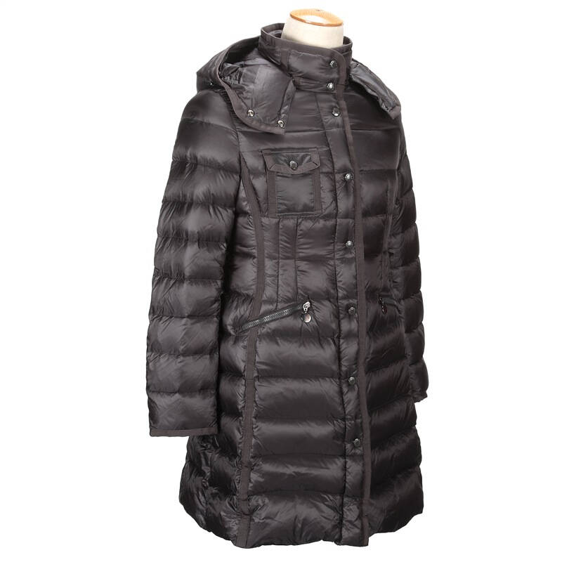 moncler 蒙口 女士黑灰色聚酰胺纤维配可拆卸帽子中长款羽绒服