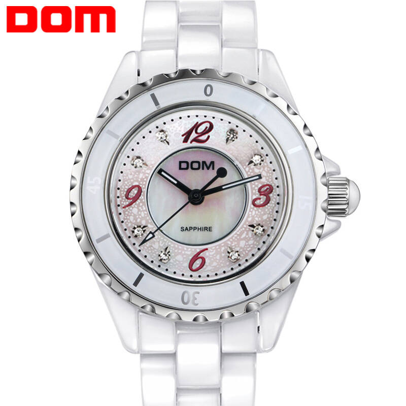 多姆(dom)商务镶钻夜光陶瓷女表 时尚潮流女士石英手表 数字红贝面t