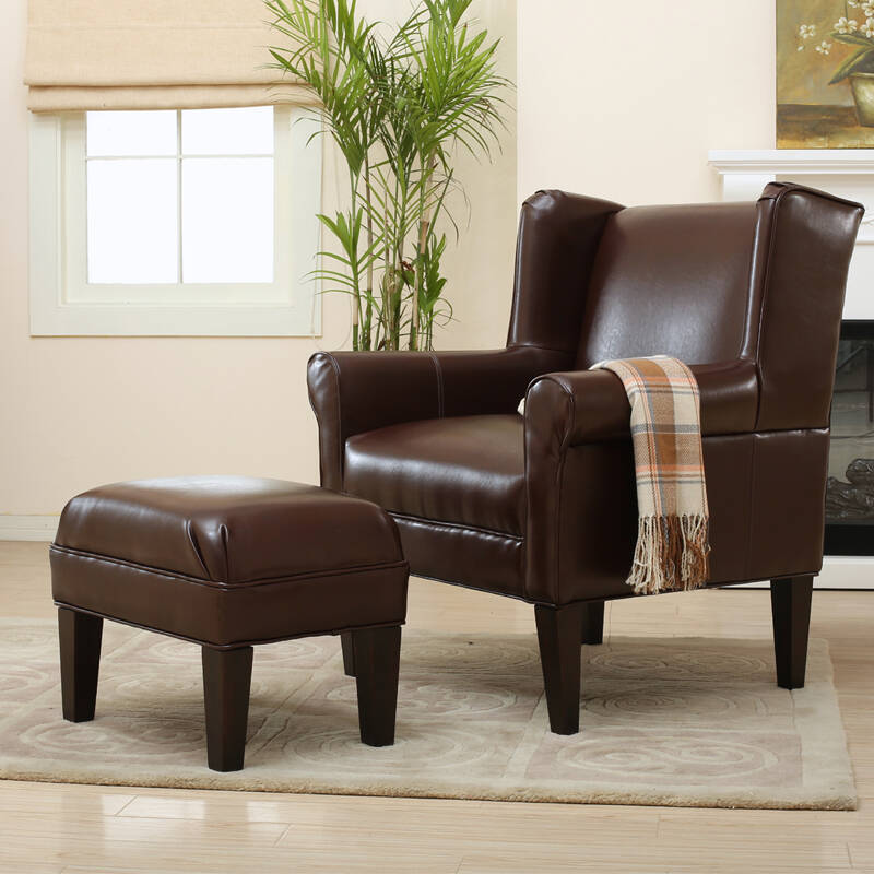 百伽 美式乡村单人沙发带搁脚凳 复古皮艺休闲沙发椅二件套 棕色 深