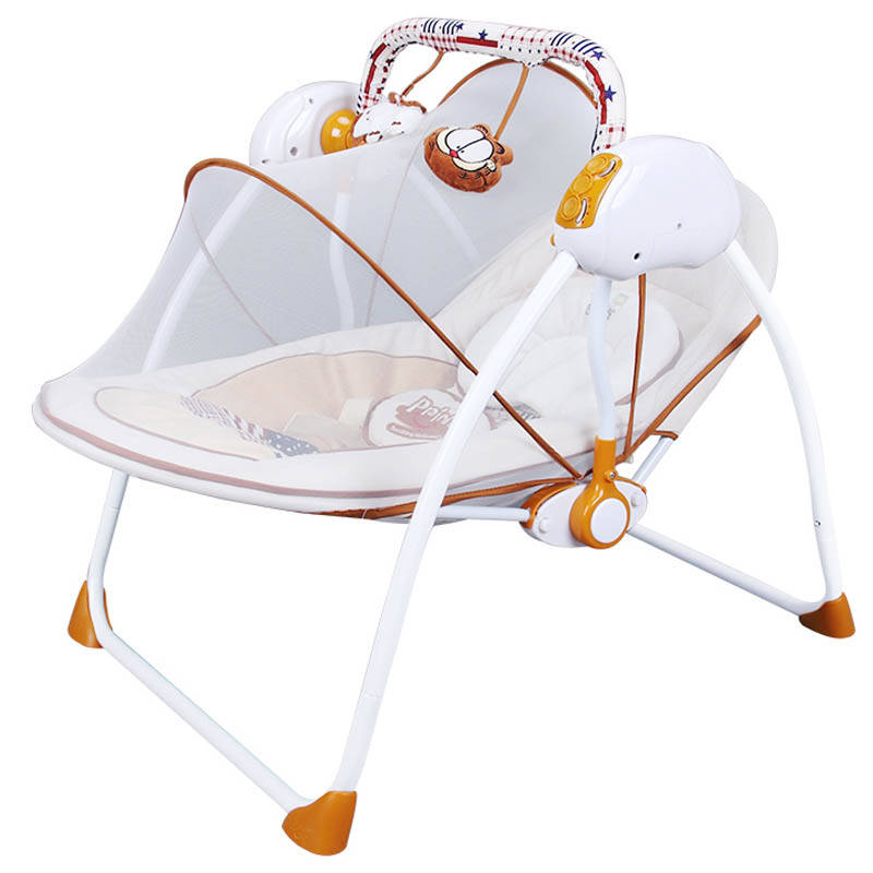 primi婴儿摇椅电动婴儿床安抚摇椅儿童床宝宝床带蚊帐宝宝秋千 咖啡色