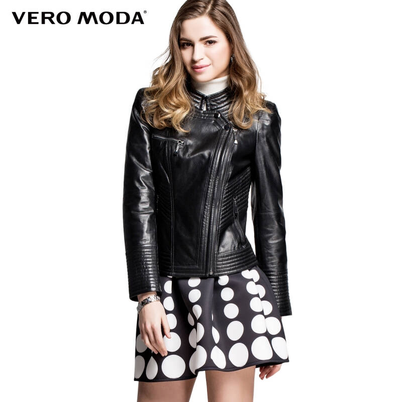 vero moda真皮绗缝装饰拉链拼接小立领修身长袖女皮衣|315110003 010