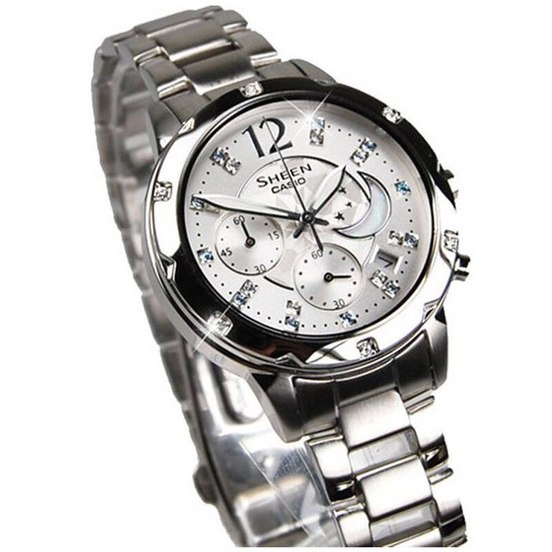 卡西欧(casio)手表 sheen系列星月三眼镶钻白盘石英女表she-5017d-7a