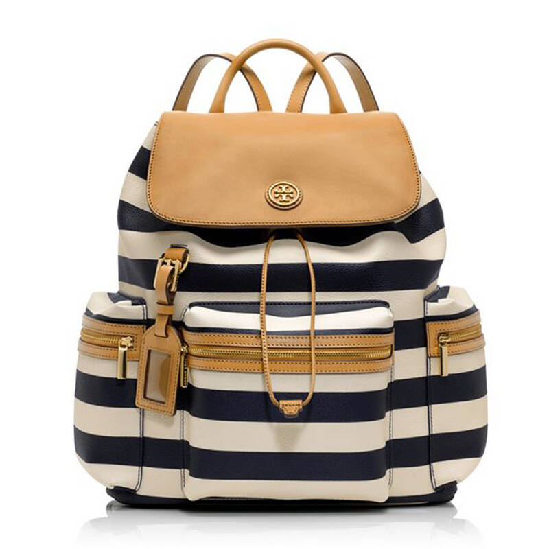 托里伯奇 tory burch 2014新款条纹抽带搭扣双肩包 12149634