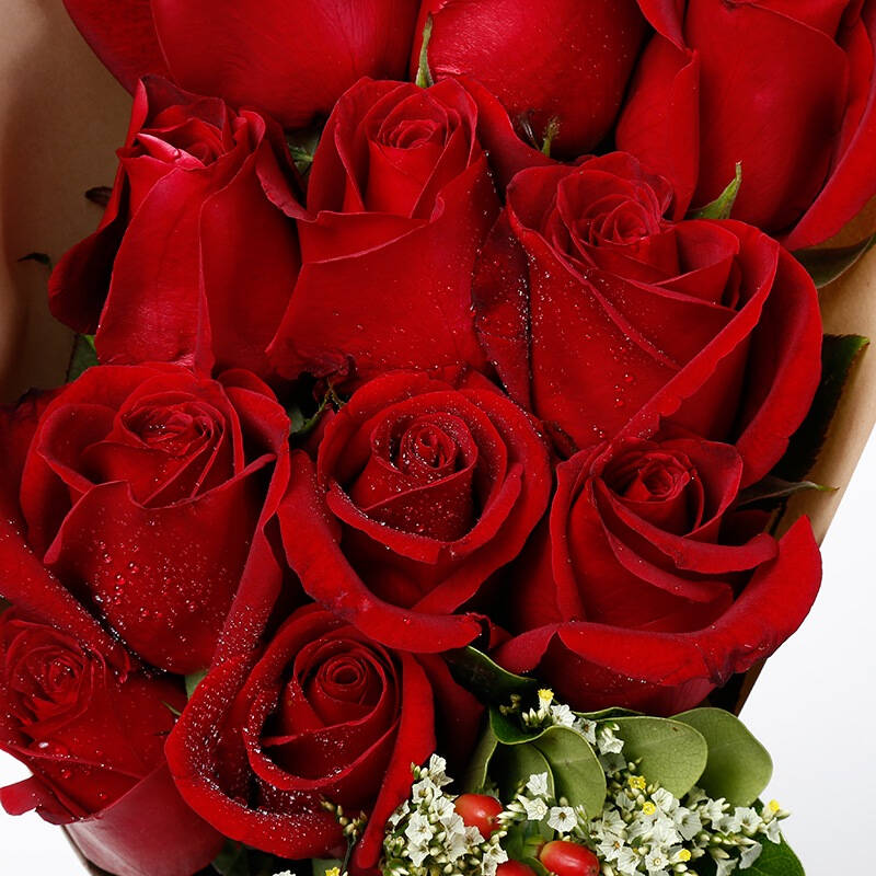 爱唯一(onlylove)ai141219 11枝红玫瑰加红豆水晶草鲜花礼盒 基地直送