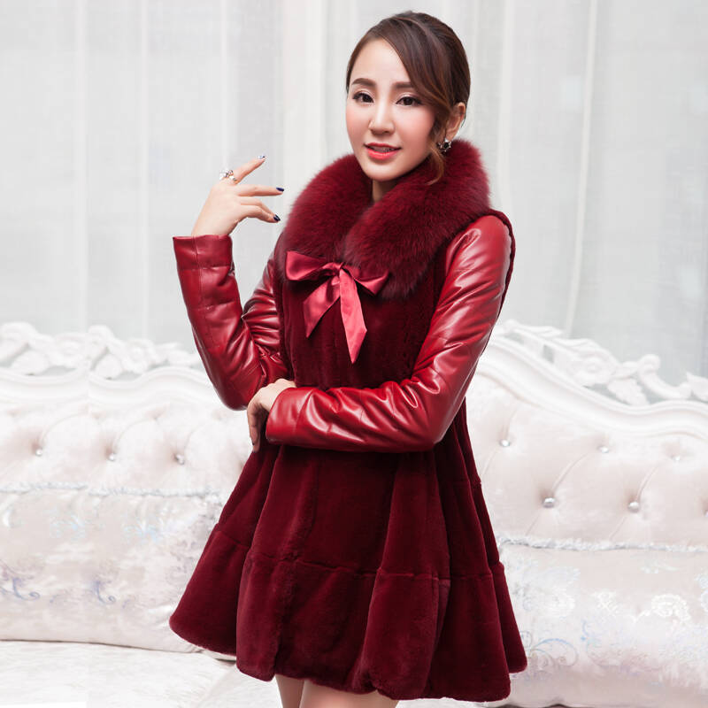 玛萨时尚 新款真皮皮衣女中长款懒兔毛整皮皮草女外套2014秋冬海宁