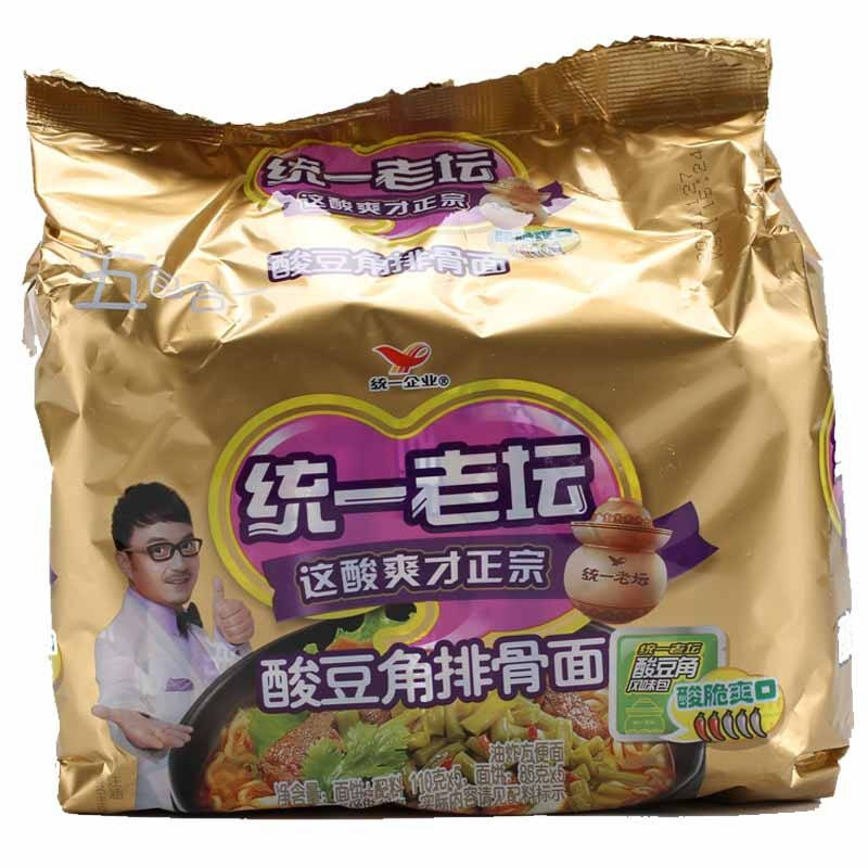 【京东超市】统一 方便面 老坛酸豆角排骨面 五连包