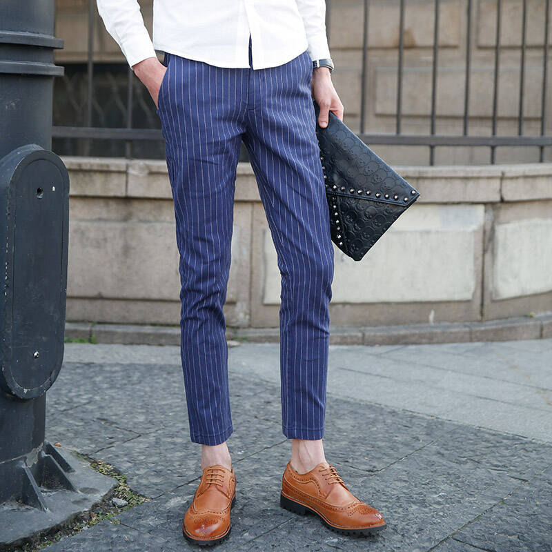 新品男士九分裤修身小直脚竖条纹男士休闲裤英伦潮男装9分裤潮 深蓝色