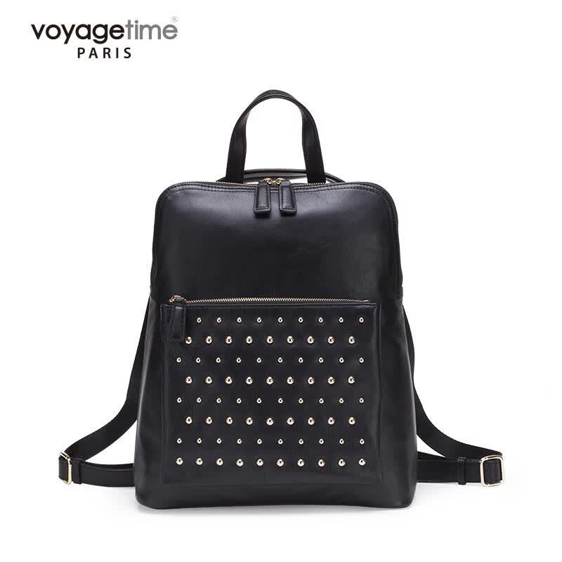 voyagetime 奢侈品女士铆钉双肩背包真皮都市时尚双肩包斜挎包女 黑色