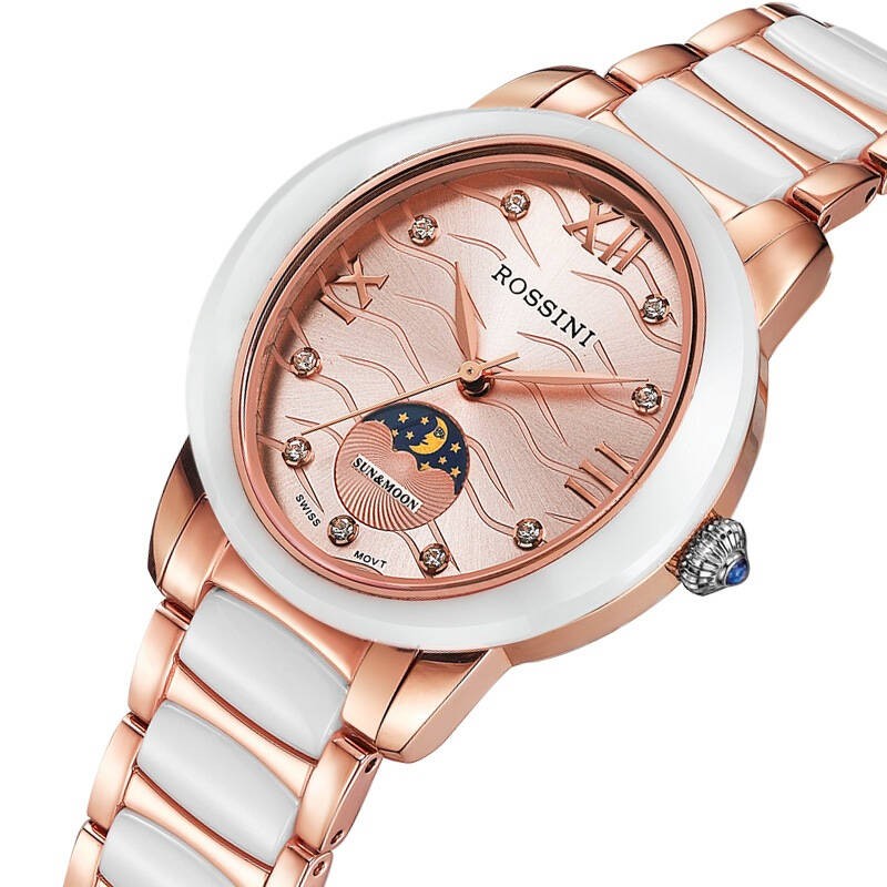 罗西尼(rossini)手表典美时尚系列月相显示玫瑰金陶瓷表壳钢带个性