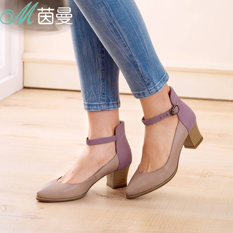 范玮琪代言茵曼女鞋春季新品羊皮粗高跟拼色扣带尖头单鞋女851180110