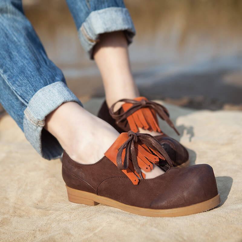 吐火罗2015春季低跟女鞋子 系带流苏 头层牛皮圆头浅口单鞋 牛皮t15