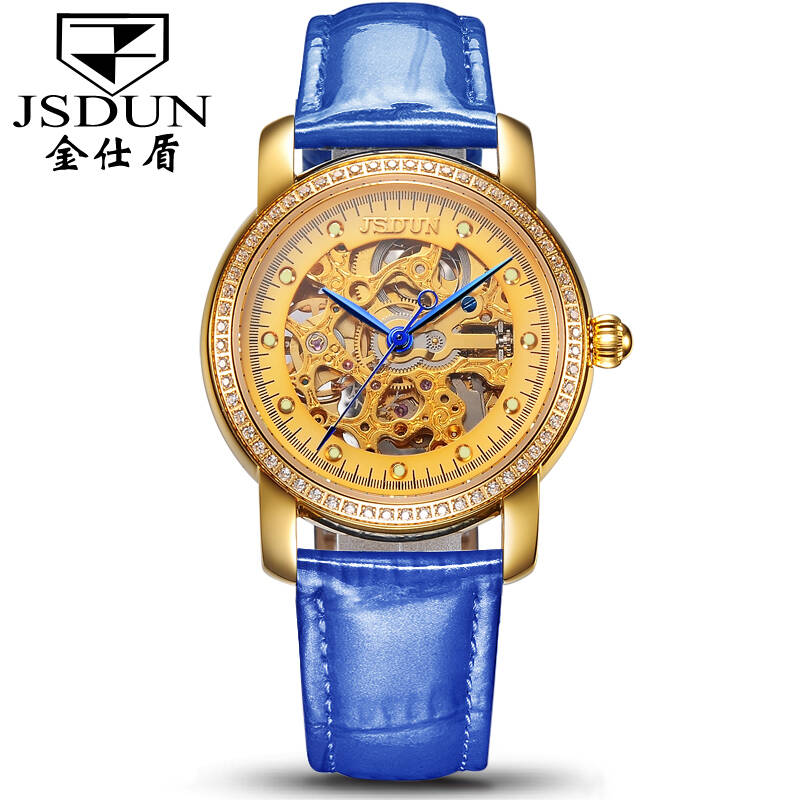 金仕盾(jsdun)女士手表 双面镂空机械女表 防水时尚全自动机械表 真皮