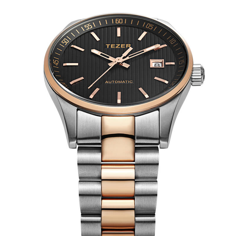 天时(tezer)手表 男士手表男表机械表t9009g 黑面玫瑰金钢带