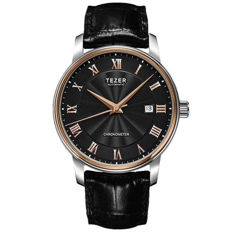 天时(tezer)手表 男士手表男表机械表t9040g 黑面玫瑰金罗马黑皮