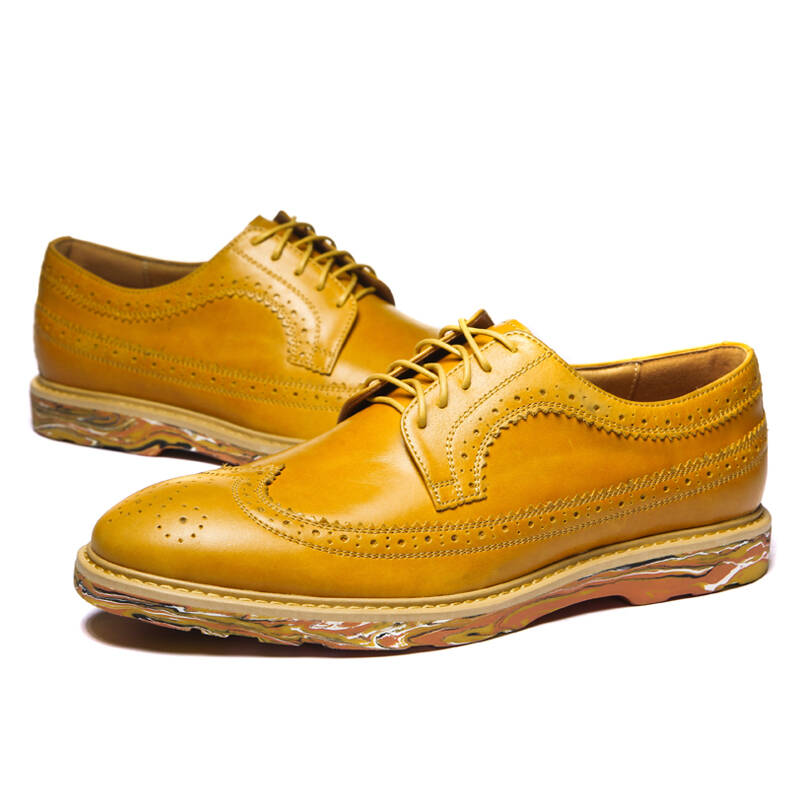【断码特惠】布洛克雕花男式鞋英伦厚底brogue迷彩底低帮鞋 黄色 44