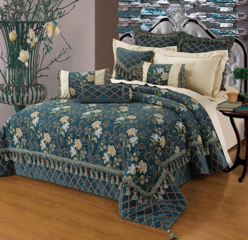 家纺 别墅样板间带床盖多件套雪尼尔大提花10件套(不含芯) 孔雀绿色
