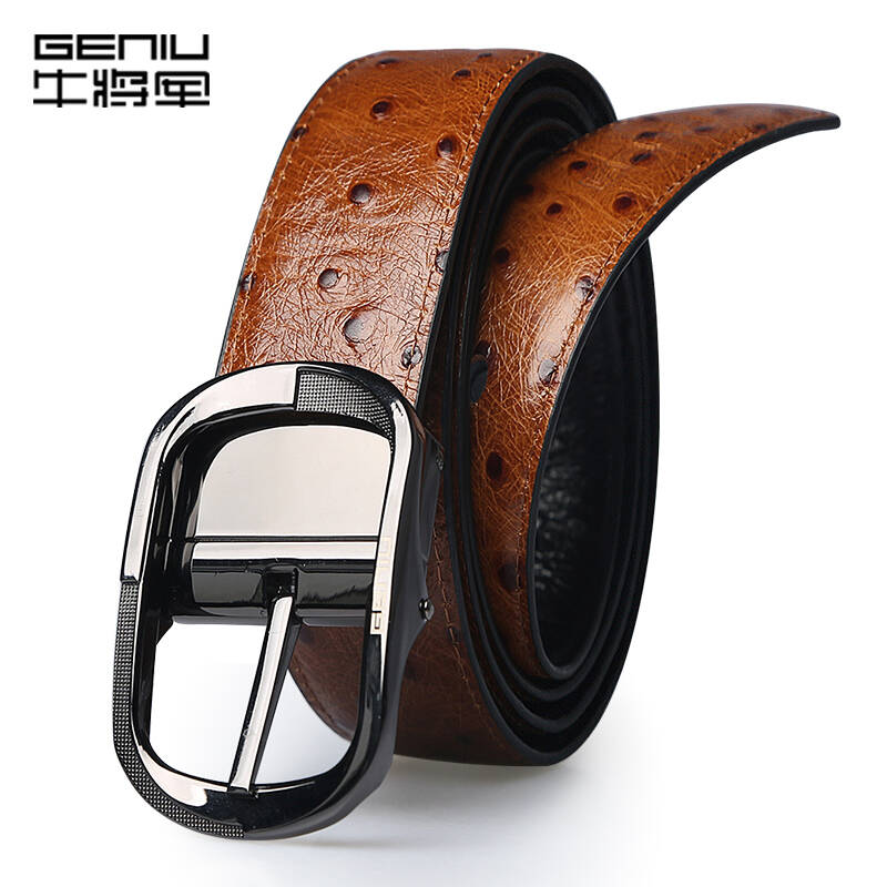 牛将军geniu时尚驼鸟纹头层牛皮男士针扣双面两用真皮腰带 咖色
