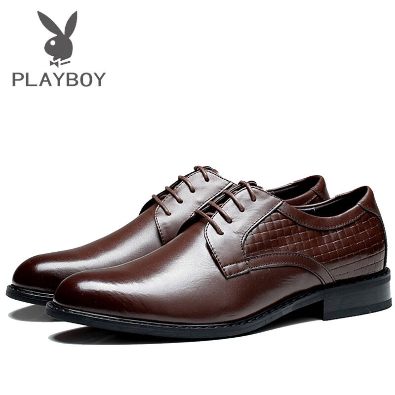 playboy花花公子格子纹正装皮鞋婚礼宴会办公商务休闲男鞋低帮系带平