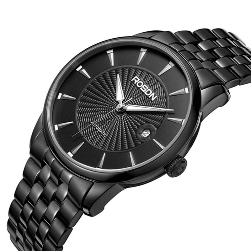 劳士顿(rosdn)男士全自动机械男表时尚大气单日历防水手表2085g 黑盘