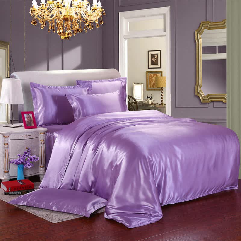 摩亚 高档仿丝绸 纯色双拼仿丝绸四件套 雪青紫 1.5m-1.8m床