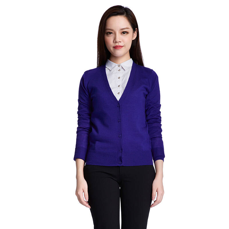 哥弟女装2015新款百搭v领纯羊毛针织开衫790025 宝蓝 xl(5码)