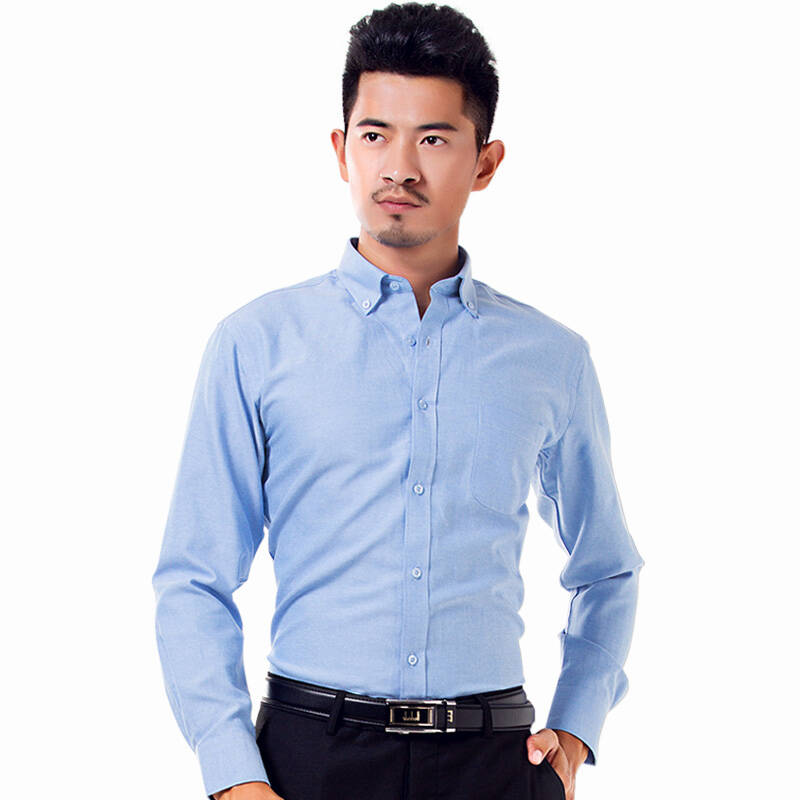 新款免烫衬衫男长袖纯色翻领修身男士大码休闲商务衬衫 njf091天蓝色