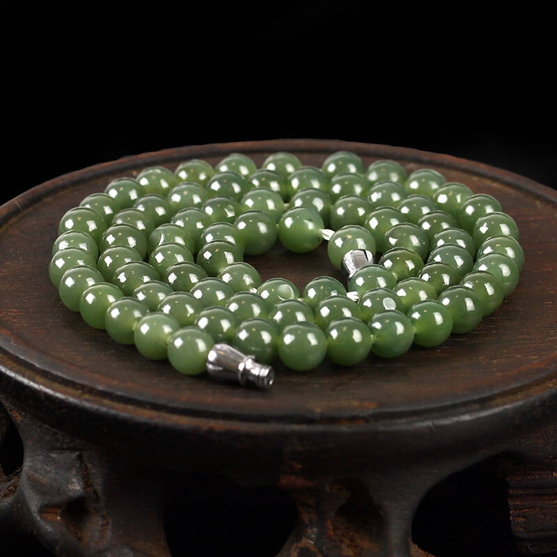 新疆和田玉项链 和田青玉圆珠项链附赠鉴定证书 圆珠直径6mm 深青玉款