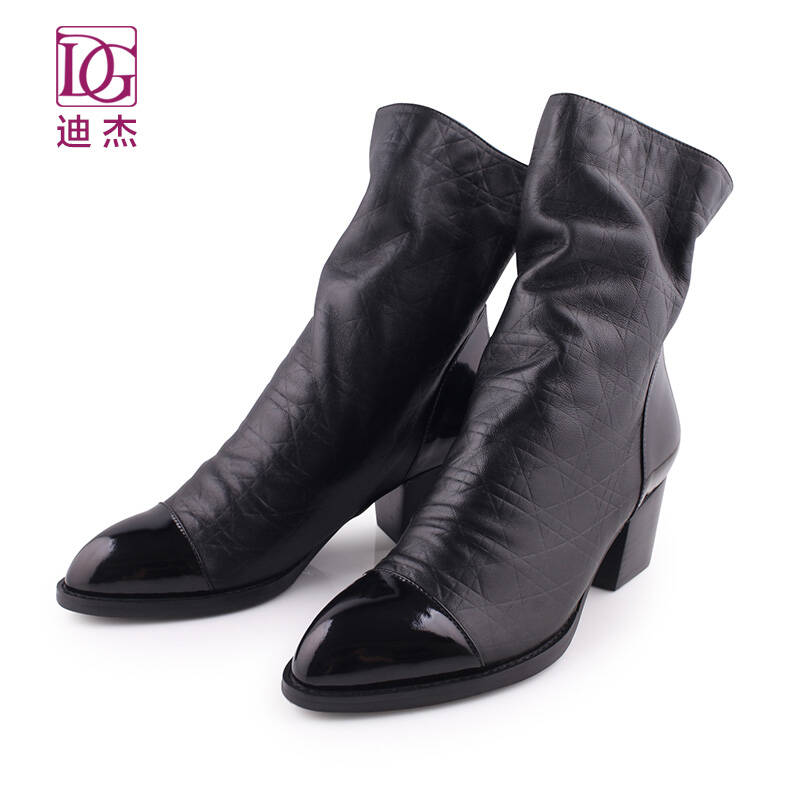 dg迪杰女鞋 新款冬季靴子加绒保暖高跟短靴黑色粗跟舒适中筒靴i