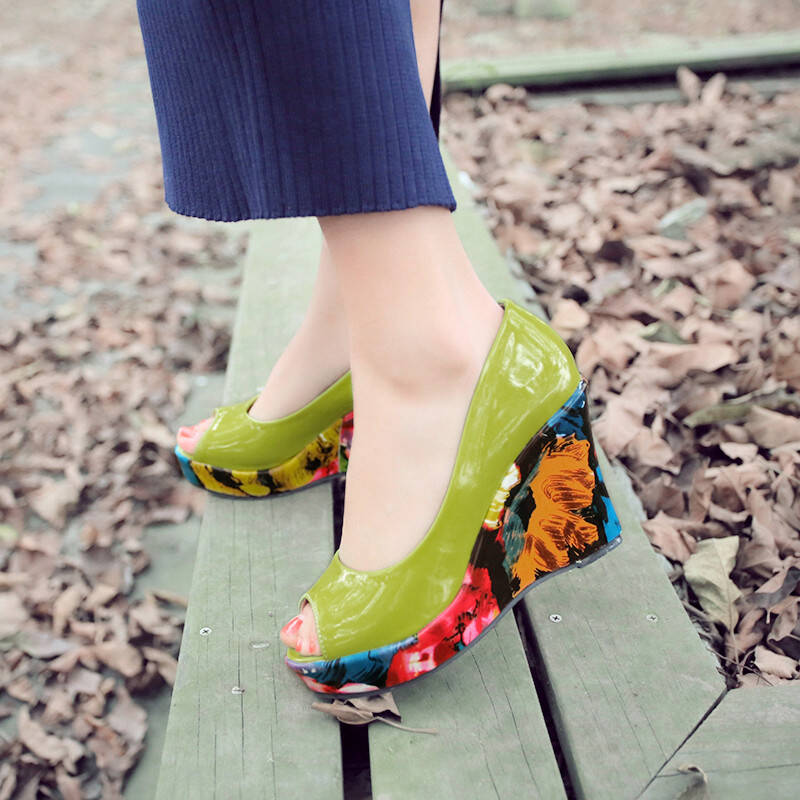 超高跟性感鱼嘴女凉鞋 夏季新款 优雅时尚欧美风鱼嘴口拼色坡跟女凉鞋