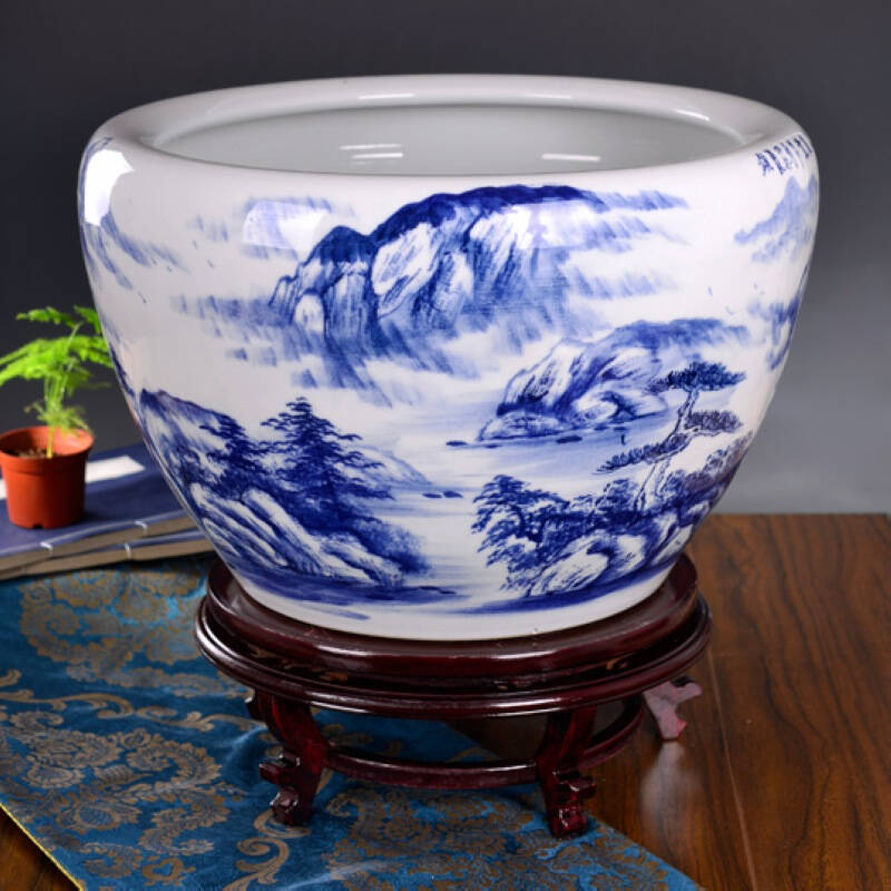 艺品瓷轩 景德镇陶瓷鱼缸手绘青花养鱼盆书画缸荷花缸睡莲碗莲缸送