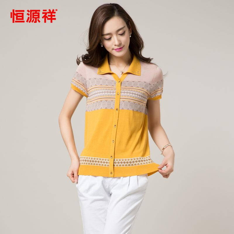 恒源祥短袖女t恤2015夏季新款翻领套头条纹女士t恤韩版宽松夏装潮 中