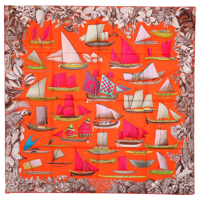 hermes 女款真丝橙色世界上所有的船图案方巾丝巾 京东自营