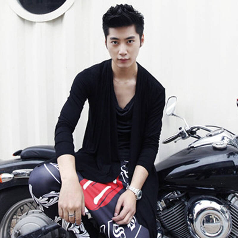 兰菁 欧美风中长款长袖体恤 朋克个性男士风走秀款演出服 夜店潮男