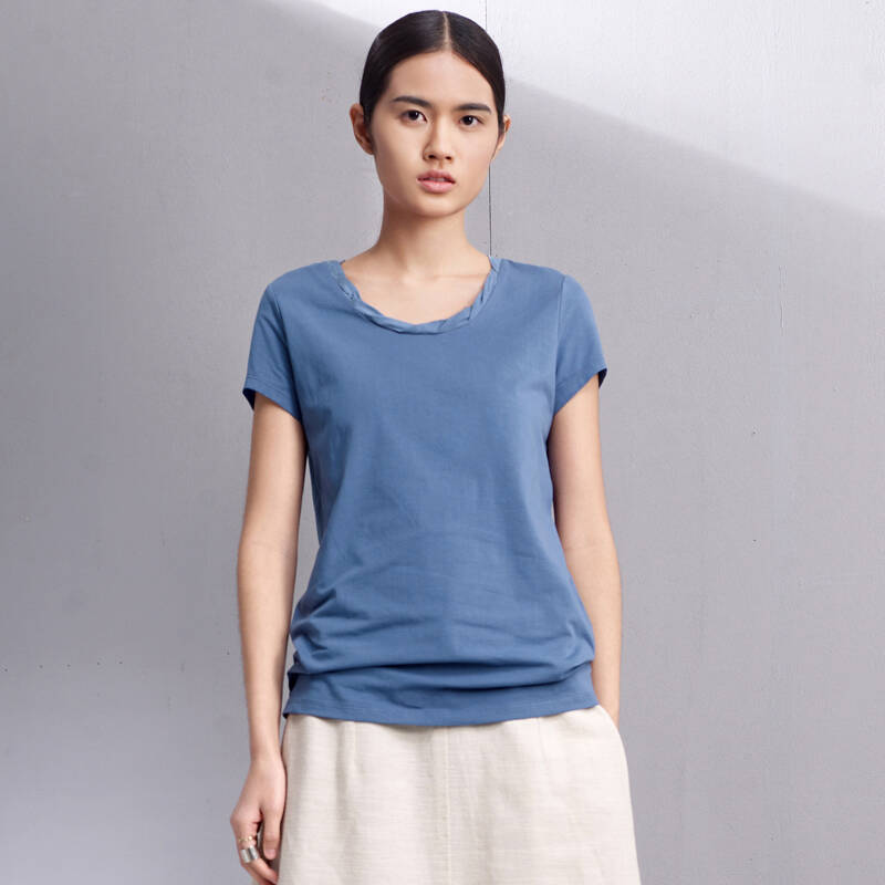 redefine2015夏新品简约拧褶u领纯棉短袖多色大码t恤女61540424 苍蓝