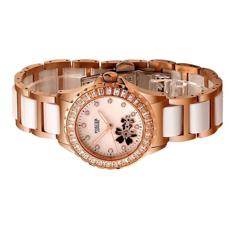 宝时捷(poscer)全自动机械手表时尚手表女表白黑色陶瓷女表表带时尚