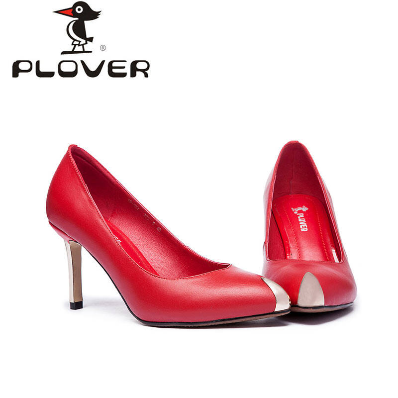 plover春款女鞋金属尖头高跟鞋时尚百搭单鞋 红色 37