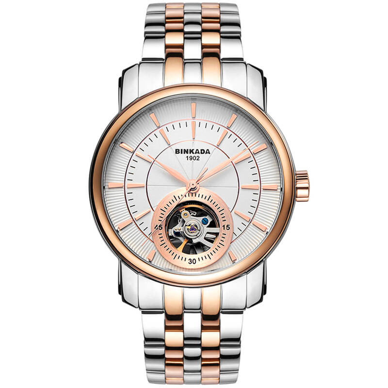 宾卡达(binkada)手表 全自动机械表 精钢玫瑰金腕表 陀飞轮机械男表